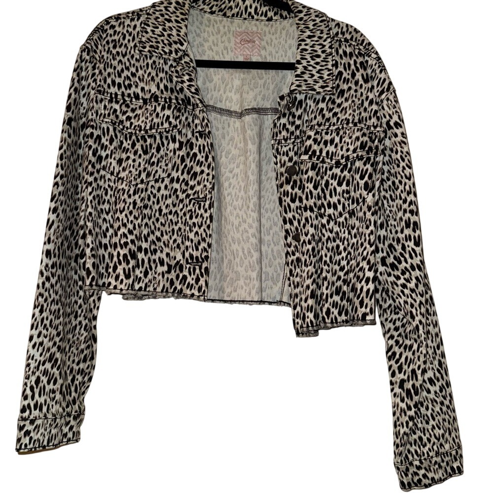 Candies Leopard Print Cropped Denim Jacket Womens Large Black Animal Print Y2K